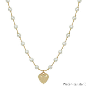Water Resistant 6MM Pearl Beaded Chain with Puffy Heart 16"-18" Necklace