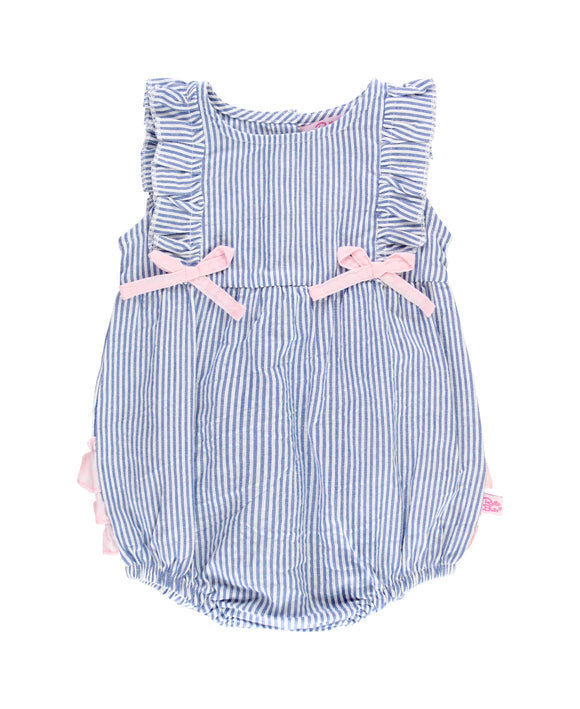 Baby Girls Classic Blue Seersucker Classic Ruffle Bubble Romper