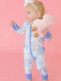 SoftSnooze™ Baby Girls Bamboo Viscose Periwinkle Butterfly Garden Convertible Ruffle One Piece Footie Pajama : Blue / Newborn