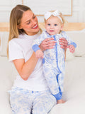 SoftSnooze™ Baby Girls Bamboo Viscose Periwinkle Butterfly Garden Convertible Ruffle One Piece Footie Pajama : Blue / Newborn