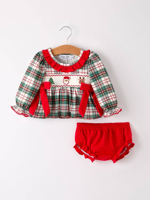 Christmas Plaid Smocking Embroidered Girls Bloomers Romper Set: 3M