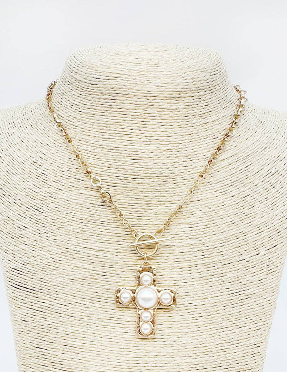Gold Open Chain with Toggle and Pearl Studded Cross 18