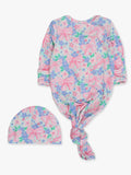 SoftSnooze™ Baby Girls Bamboo Viscose Bow Blooms Ruffle Knotted Sleep Gown & Bow Hat Set : Multi-Color / Newborn-3m