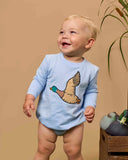 Baby Mallard Skies Applique Sweatshirt Bubble Romper: Blue / 0-3m