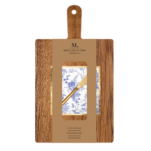 14x8" Acacia Board w/ Handle Gold Spreader, Timeless Napkin