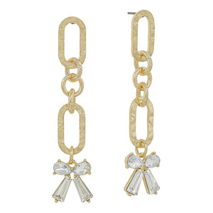 Gold Hammered Open Oval with Rhinestone Bow 2" Drop Earring