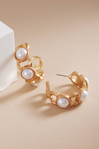 Gold Hammered 1.5" Hoop Earring with Pearl Accents