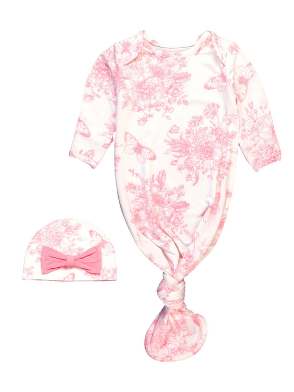 Baby Girls Bubblegum Pink Butterfly Toile Bamboo Viscose Knotted Ruffle Gown & Hat Set
