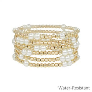 Gold Beaded and Pearl Water Resistant Stretch Bracelet